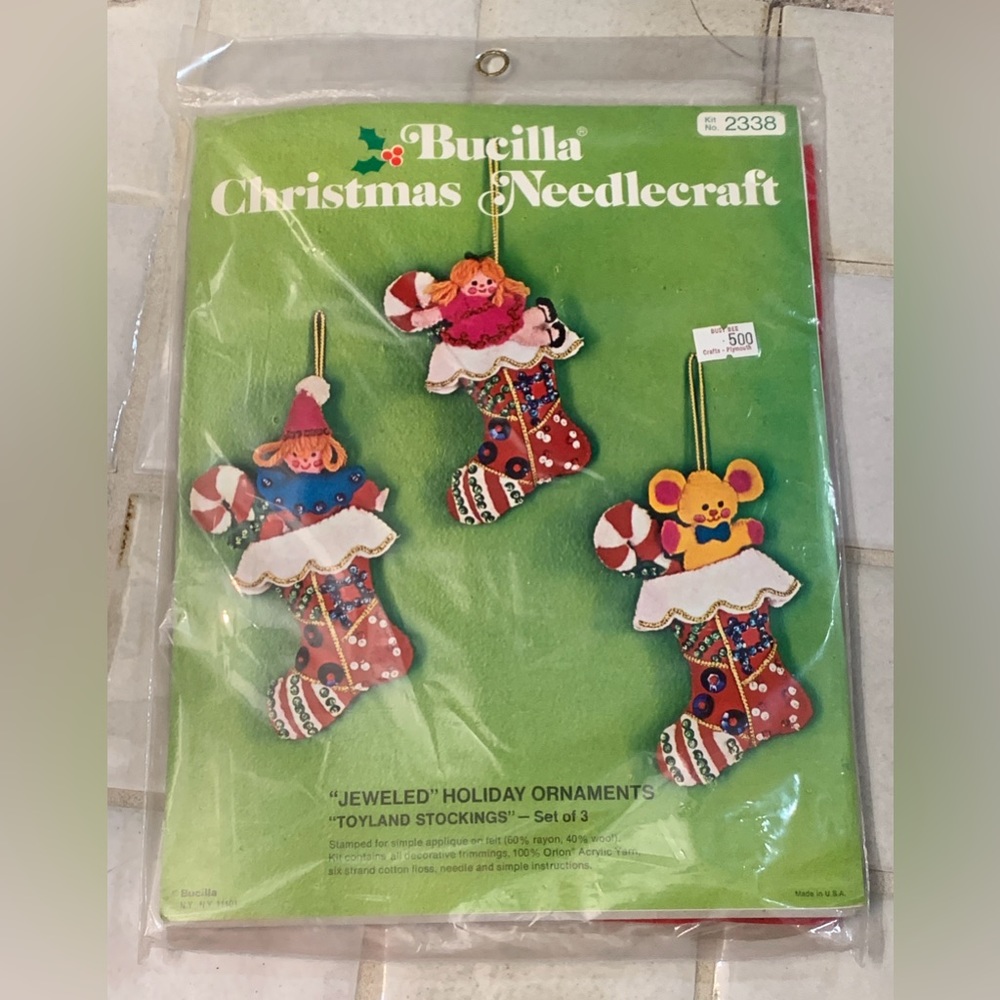 1970s Vintage Bucilla TOYLAND STOCKINGS Set of 3 Jeweled Ornaments Kit No. 2338